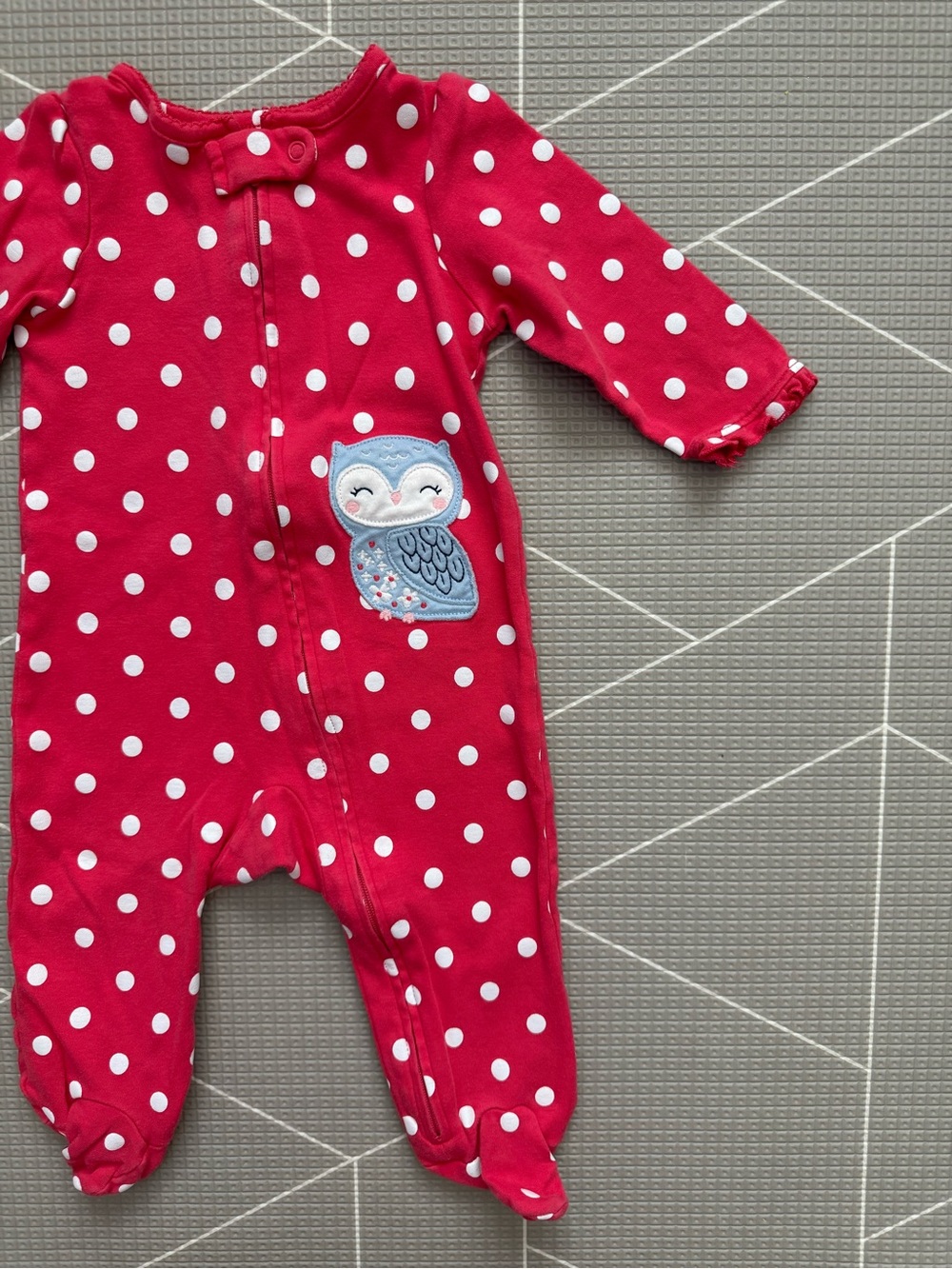Carter's|Baby girl Red Polka Dot Footed One-Piece with Blue Owl,footies•••9M